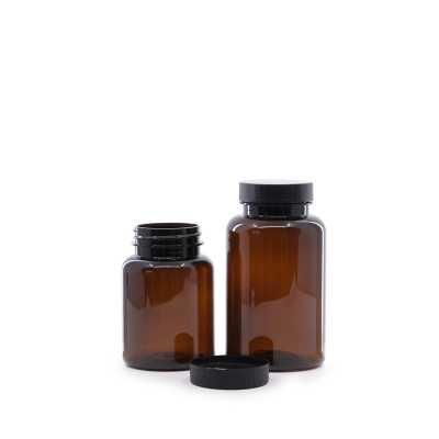 Amber Plastic Pill Jar with Black Lid, 150 ml