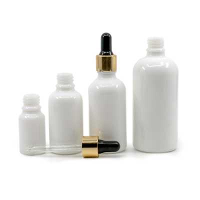 White Glass Bottle, Gold Black Dropper, 10 ml