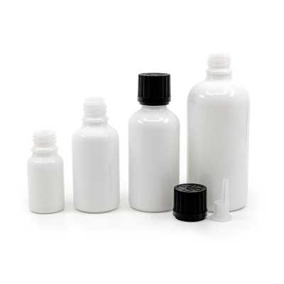 White Glass Bottle, Black Safety Cap & Dropper 10 ml