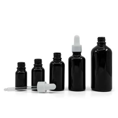 Gloss Black Glass Bottle, White Smooth Matte Dropper, 50 ml