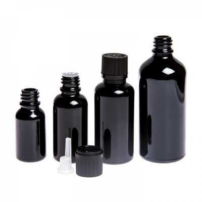 Gloss Black Glass Bottle, Black Safety Cap & Dropper 15 ml