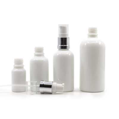 White Glass Bottle, Glossy Silver White Pump, 10 ml