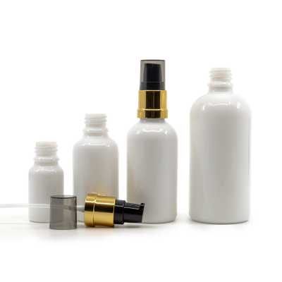 White Glass Bottle, Glossy Gold Black Pump, 10 ml