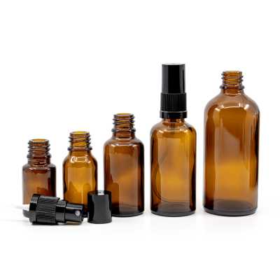 Amber Glass Bottle, Black Fine Mist Sprayer, Black Overcap, 30 ml