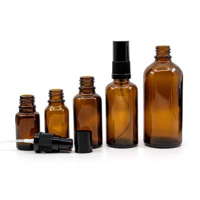 Amber Glass Bottle, Black Lotion Pump with Black Overcap, 15 ml