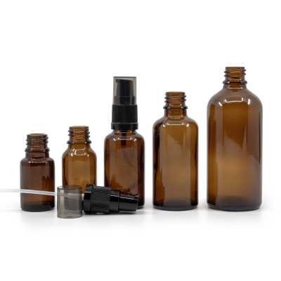 Amber Glass Bottle, Black Lotion Pump with Smokey Overcap, 15 ml