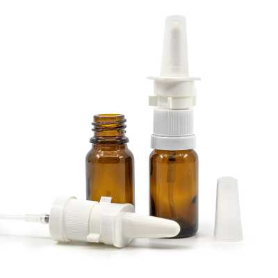 Amber Glass Bottle, White Nasal Spray, 10 ml