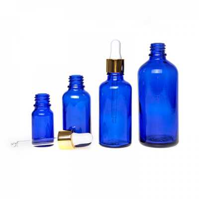 Blue Glass Bottle, Gold White Dropper, 100 ml