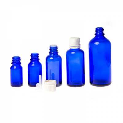 Blue Glass Bottle, White Tamper Evident Cap & Dropper, 100 ml