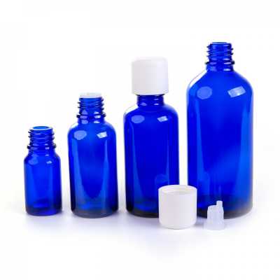 Blue Glass Bottle, White Safety Cap & Dropper, 100 ml