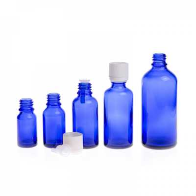 Blue Glass Bottle, White Tamper Evident Safety Cap & Dropper, 100 ml