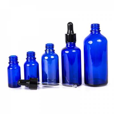 Blue Glass Bottle, Glossy Black Dropper, 100 ml