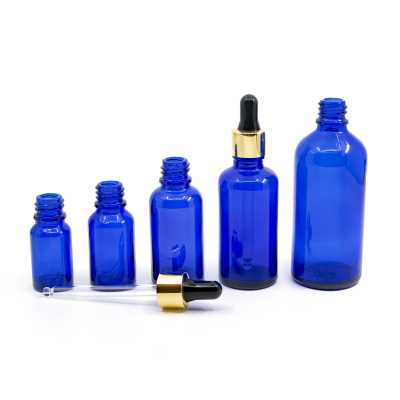 Blue Glass Bottle, Gold Black Dropper, 100 ml