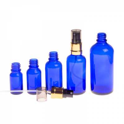 Blue Glass Bottle, Glossy Gold Black Spray, Smokey Overcap, 100 ml