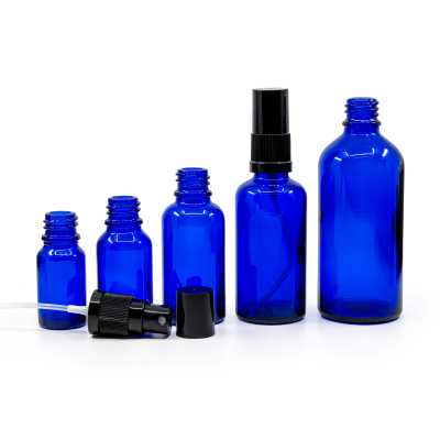 Blue Glass Bottle, Black Fine Mist Sprayer, Black Overcap, 10 ml