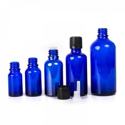 Blue Glass Bottle, Black Tamper Evident Dropper 10 ml