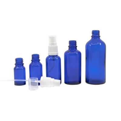 Blue Glass Bottle, White Lotion Pump, 100 ml