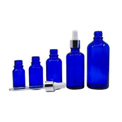 Blue Glass Bottle, Glossy Silver Dropper, 30 ml