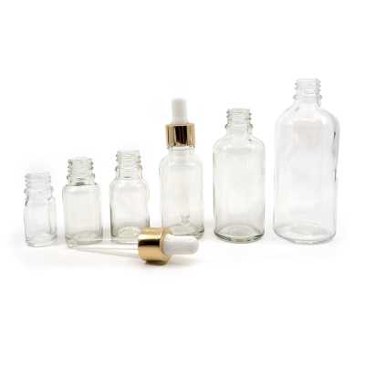 Clear Glass Bottle, Gold White Dropper, 10 ml