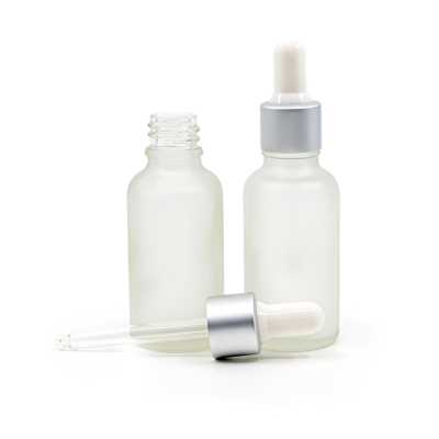 Clear Frosted Glass Bottle, Matte Silver White Dropper, 30 ml