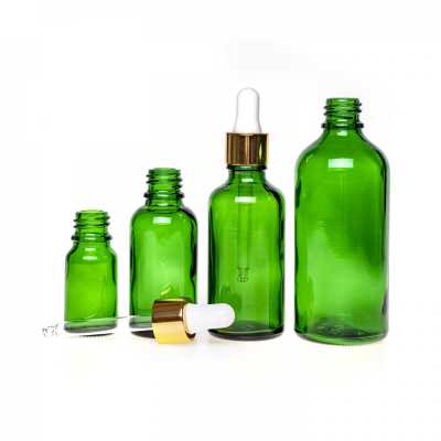 Green Glass Bottle, Gold White Dropper, 100 ml