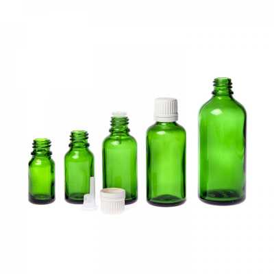 Green Glass Bottle, White Tamper Evident Cap & Dropper, 30 ml