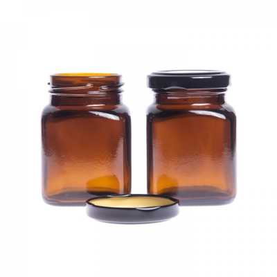 Amber Glass Jar, Black Plastic Lid, 155 ml