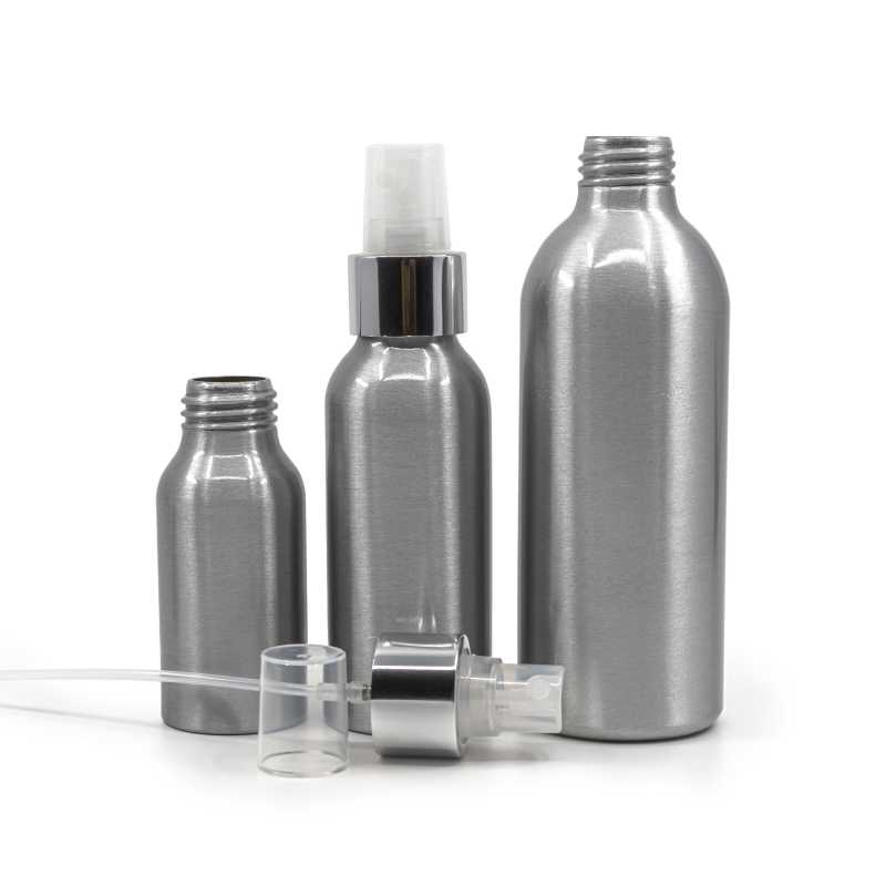 Aluminium Bottle, Transparent Spray Glossy Silver Collar, 225 ml