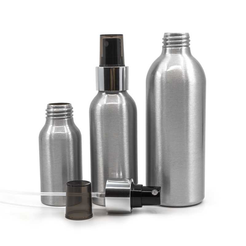 Aluminium Bottle,  Black Spray with Glossy Silver Collar, 225 ml