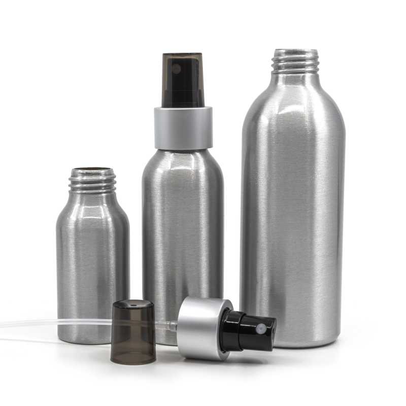 Aluminium Bottle, Black Spray with Matte Silver Collar, Smoky Overpcap, 225 ml