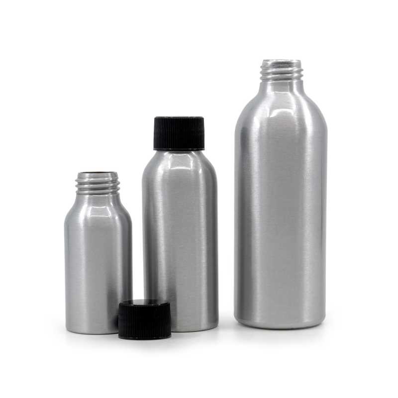 Aluminium Bottle with Black Ribbed Plastic Cap, 225 ml