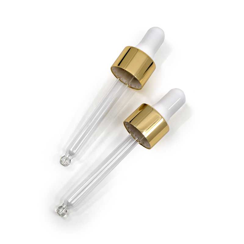 Glass dropper, white/gold combination, suitable for bottle with neck diameter 18 mm and volume 50 ml.
Length of pipette: 103 mmMaterial: glass, silicone, alumi