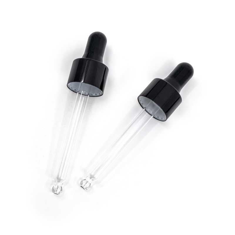 Black plastic dropper in glossy finish, suitable for bottle with neck diameter 18 mm and volume 10 ml.Colour: black glossGlass tube length: 50 mm
Please note t