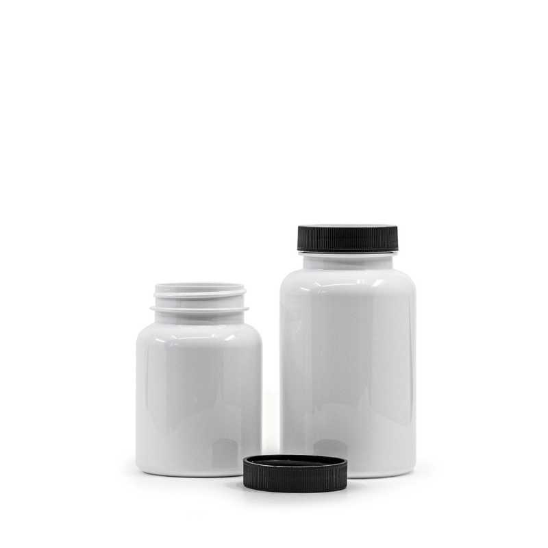 White Plastic Pill Jar, Black Lid, Aluminium Innerseal, 250 ml