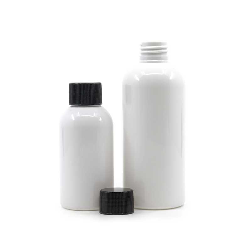 White Plastic Bottle, Blak Ribbed Cap, 100 ml