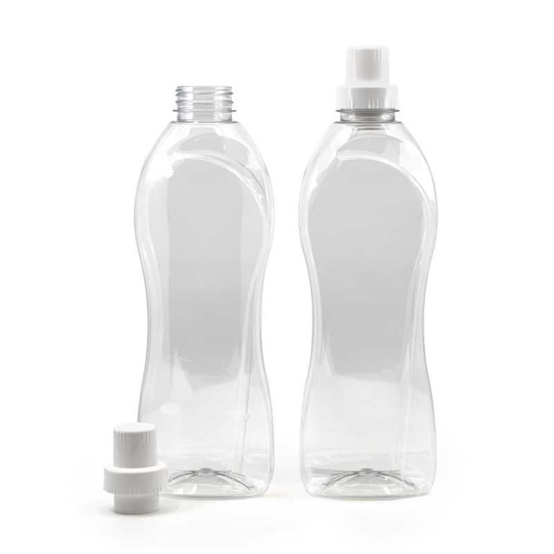 Transparent plastic bottle with a capacity of 1 litre for storing a variety of liquids, especially cleaning products and fabric softener, with a specially adapt
