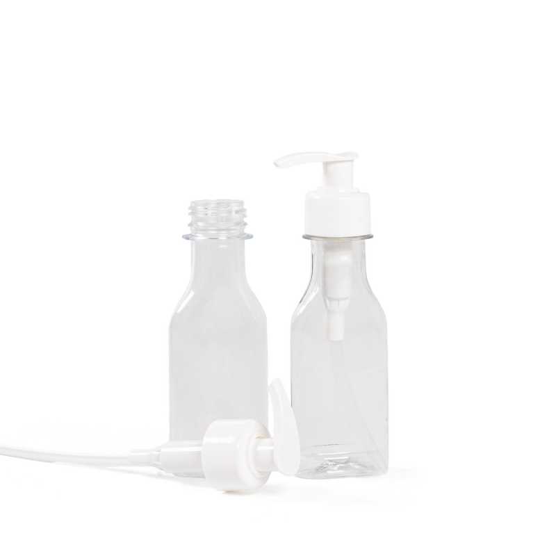 Clear Flat Plastic Bottle, White Cap, White Smooth Pump, 50 ml