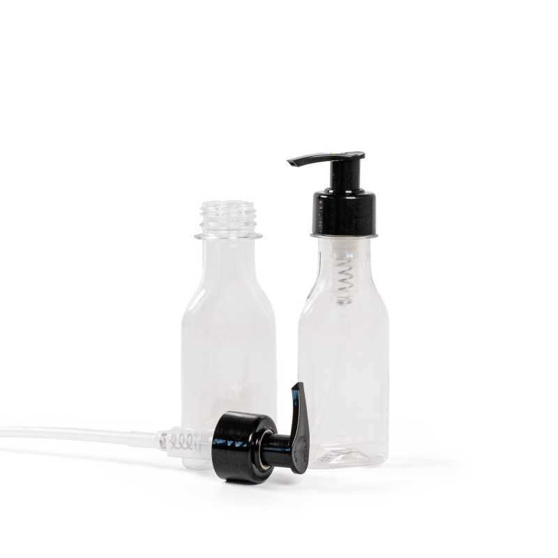 Clear Flat Plastic Bottle, White Cap, Black Smooth Pump 130 mm, 50 ml