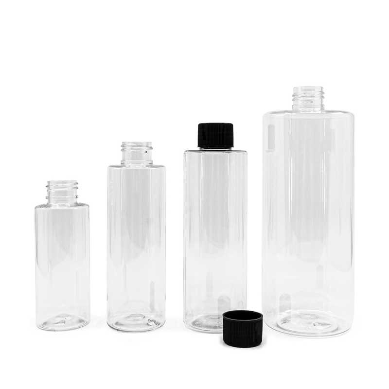 Clear Plastic Bottle, Black Ribbed Plastic Cap, 100 ml