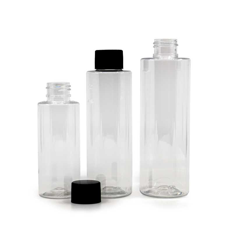 Transparent plastic bottle, ideal for storing a variety of liquids, oils, lotions, etc. It is semi-rigid, but can be squeezed.
Material: PET
Volume: 200 ml, t