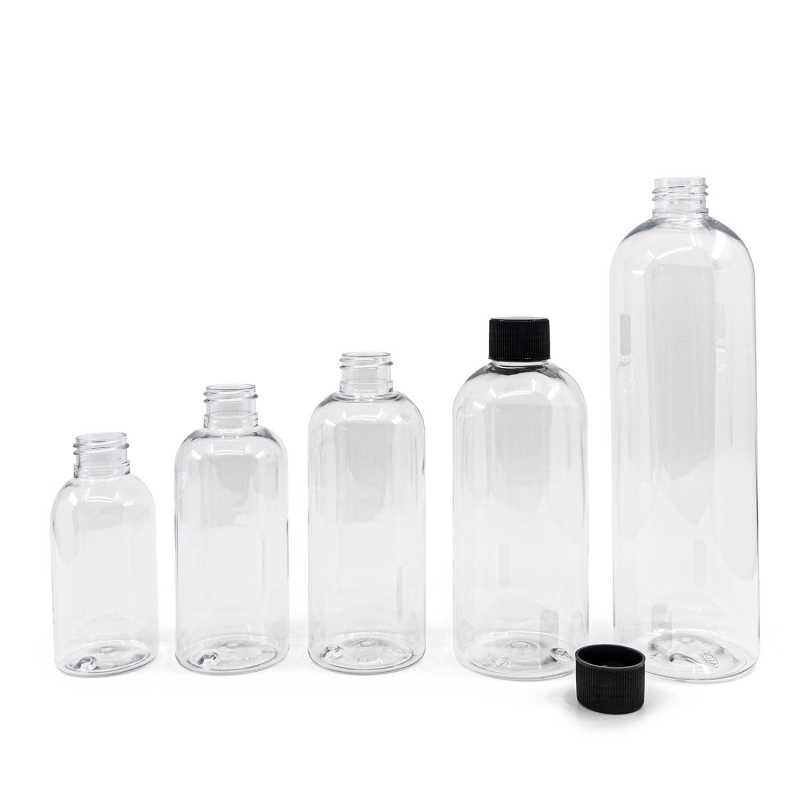 Rounded Clear Plastic Bottle, Black Ribbed Plastic Cap, 500 ml