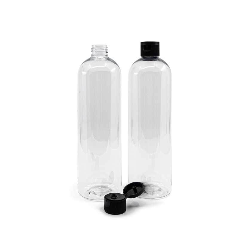 Rounded Clear Plastic Bottle 24/410, Black Flip Top, 500 ml