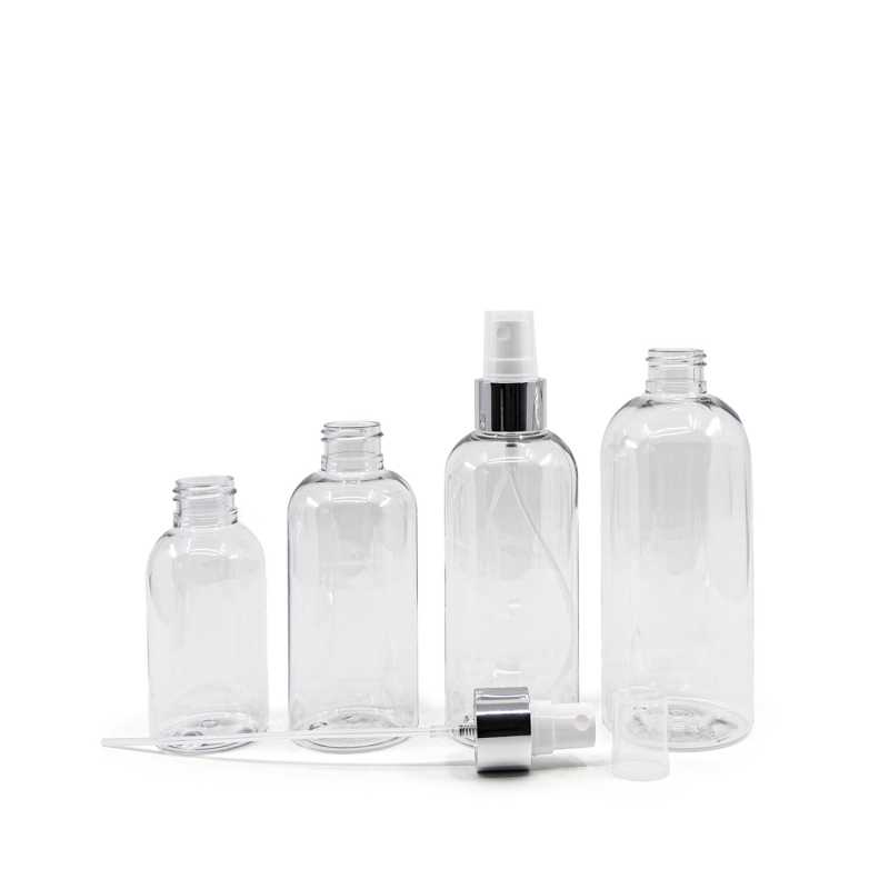 Rounded Clear Plastic Bottle, White Spray With Glossy Silver Collar, 150 ml