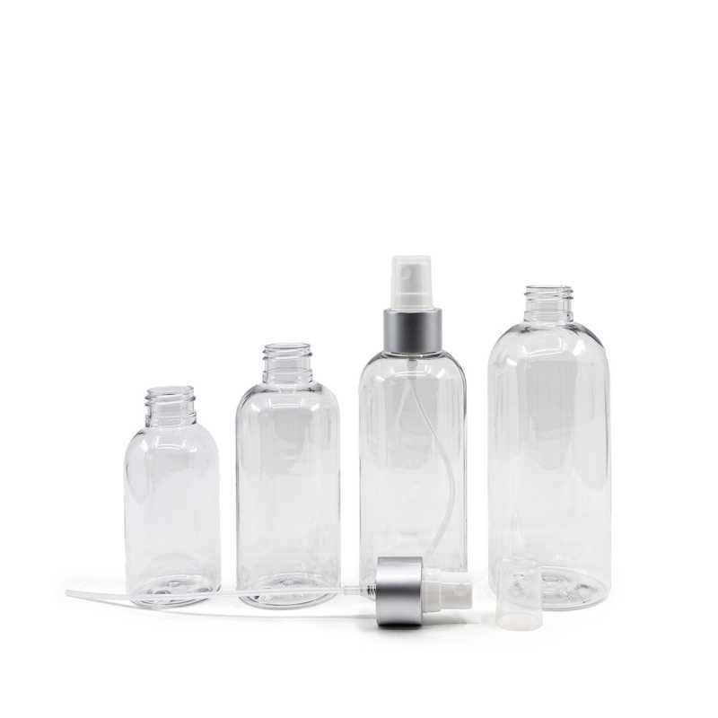 Rounded Clear Plastic Bottle, White Spray With Matte Silver Collar, 100 ml