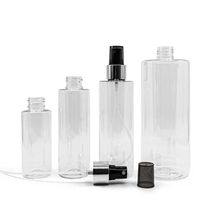 Clear Plastic Bottle, Black Spray with Glossy Silver Collar, 500 ml