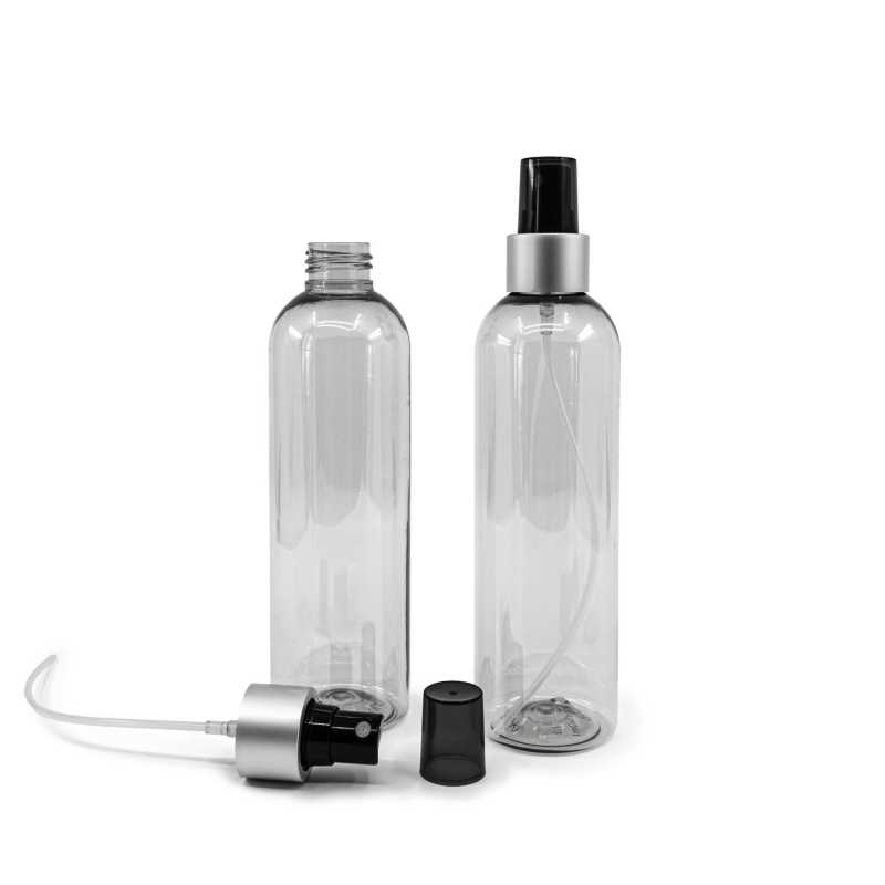 Recycled Plastic Bottle, Black Spray, Matte Silver Collar, Smoky Overpcap, 250 ml