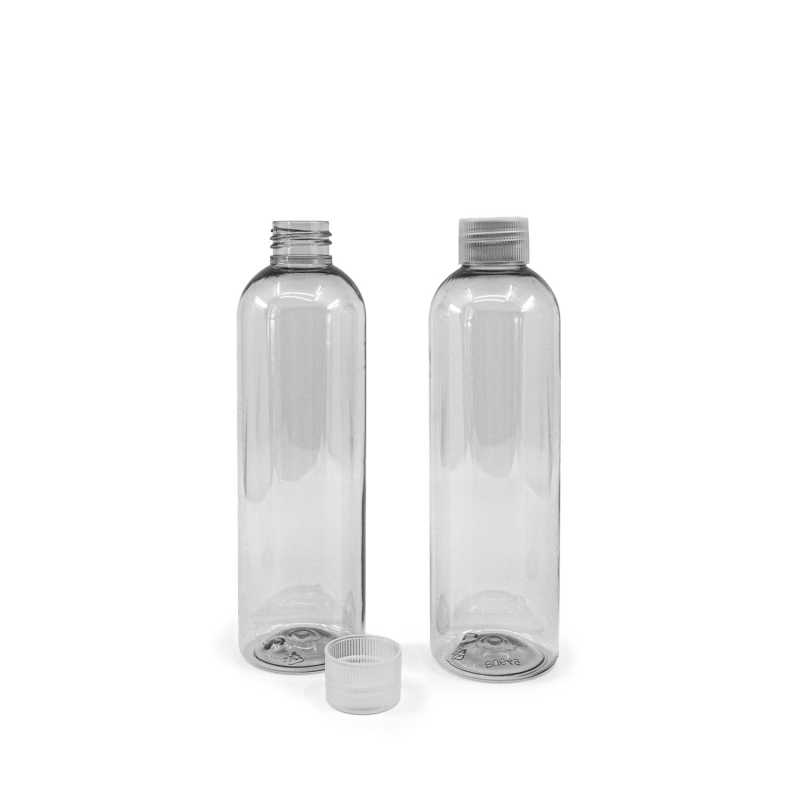 Clear Plastic Recycled Bottle, Transparent Plastic Cap, 250 ml