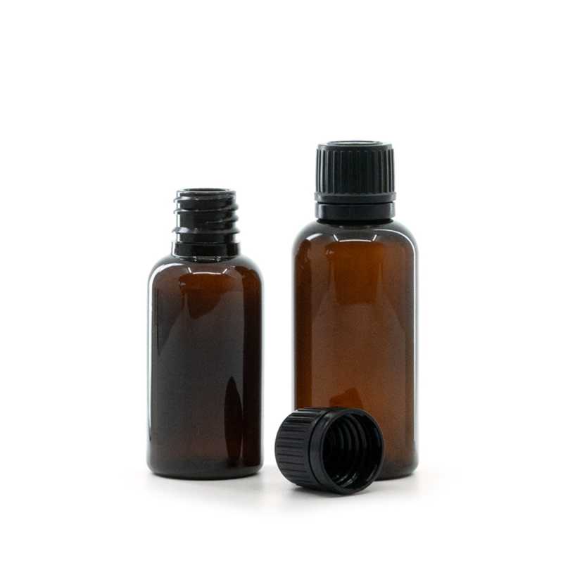 Amber Plastic Bottle, Black Cap & Dropper 50 ml