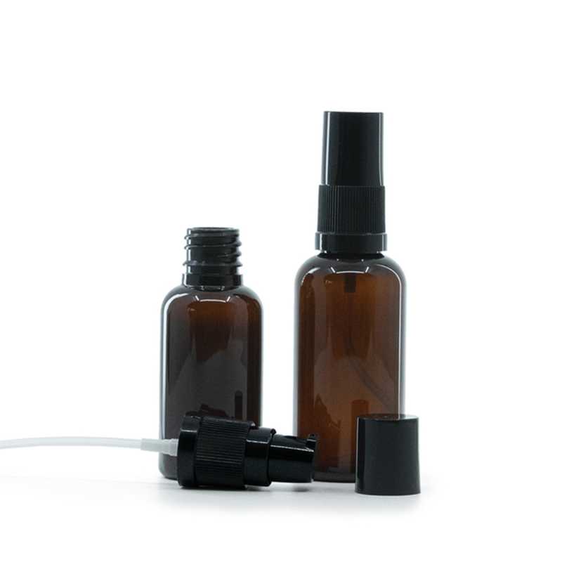 Amber Plastic Bottle, Black Lotion Pump with Black Overcap, 30 ml