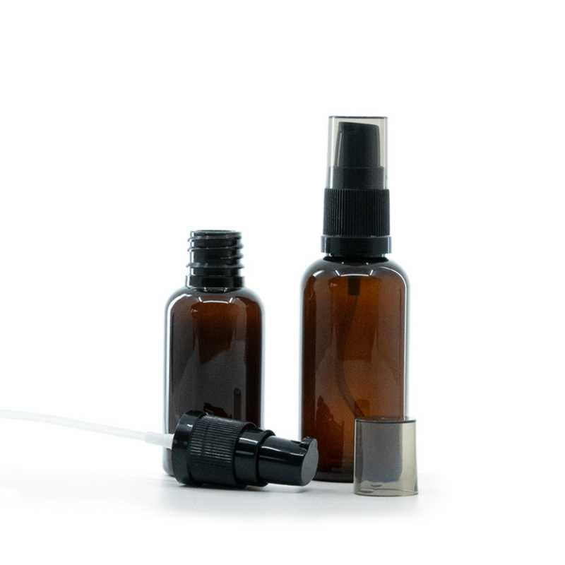 Amber Plastic Bottle, Black Lotion Pump with Smokey Overcap, 30 ml